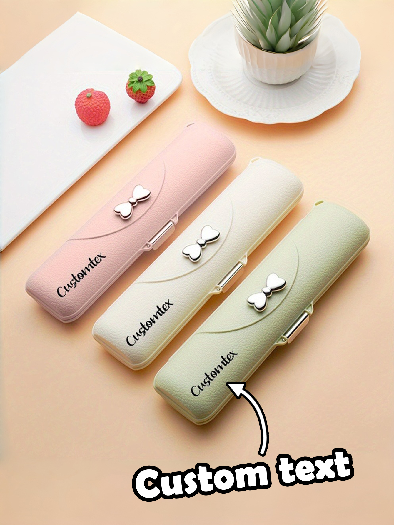 ustom Text Bow Portable Cutlery Set - Stainless Steel Spoon, Fork, and Chopsticks Trio with Plastic Handles, Includes Spoon, Fork, Chopsticks, and Storage Case